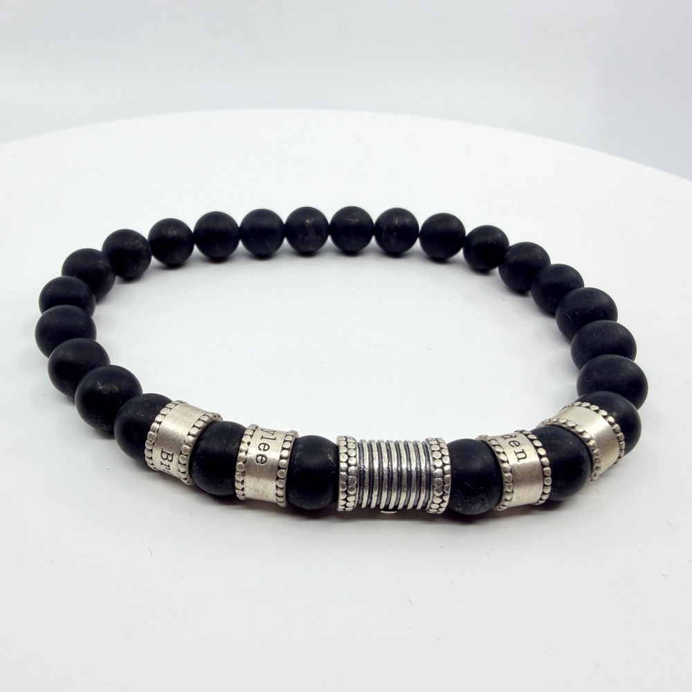 VTG Matte Black Onyx Beaded Stretch Bracelet Engraved Silver Spacer Accents